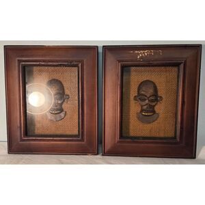 Vintage African Mask Wall Art Set Framed Tribal Decor Wood Frames